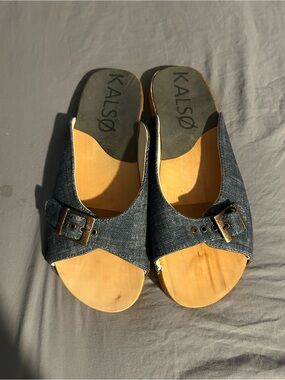 Kalsø Denim Slide Sandals in Blue and Tan Sz 8 NWOT